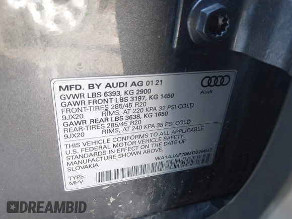 2021 Audi Q7 Premium with VIN WA1AJAF79MD029047, listed as a IAAI auction lot 41667083 with 1 mi miles. Bid and sale history available at carsss.com. Image 9.