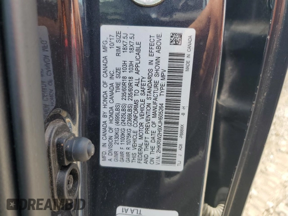 2018 Honda CR-V Touring with VIN 2HKRW2H9XJH605264, listed as a Copart auction lot 61500315 with 106,616 mi miles and Salvage title. Bid and sale history available at DreamBid. Image 14.