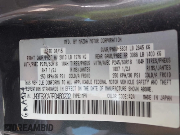 2015 Mazda CX-9 Touring with VIN JM3TB2CA7F0460232, listed as a IAAI auction lot 42344122 with 103,478 mi miles and . Bid and sale history available at DreamBid. Image 9.