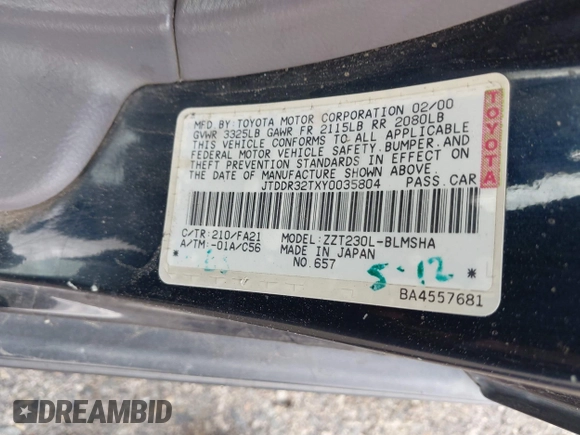 2000 Toyota Celica GT with VIN JTDDR32TXY0035804, listed as a IAAI auction lot 41936967 with 226,930 mi miles and . Bid and sale history available at DreamBid. Image 9.