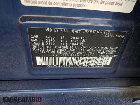 2010 Subaru Legacy with VIN 4S3BMBA66A3232601, listed as a Copart auction lot 49047725 with 111,293 mi miles and Salvage title. Bid and sale history available at DreamBid. Image 12.