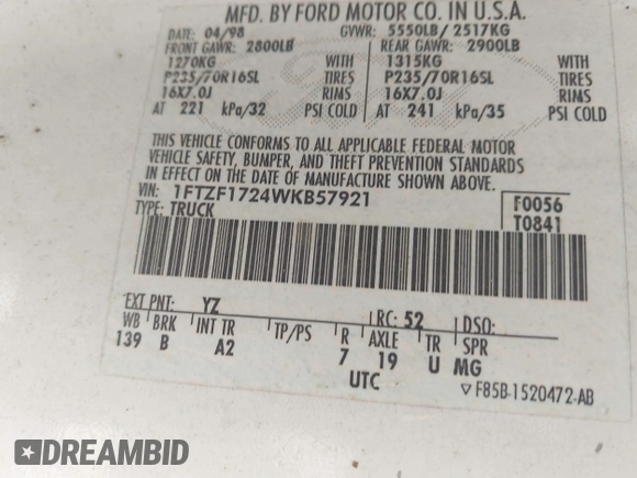 1998 Ford F-150 with VIN 1FTZF1724WKB57921, listed as a IAAI auction lot 42706692 with 213,913 mi miles and . Bid and sale history available at DreamBid. Image 9.
