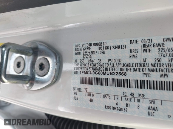 2021 Ford Escape SE z VIN 1FMCU0G60MUB22668, wystawiony jako IAAI lot #42213083 z przebiegiem 25 159 mil mil oraz . Historia ofert i sprzedaży dostępna na DreamBid. Obrazek 9.
