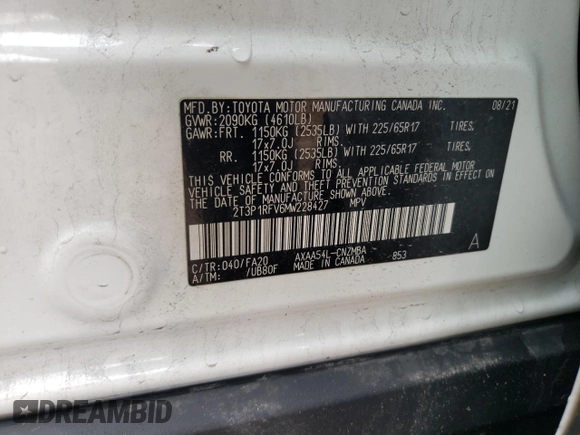 2021 Toyota RAV4 XLE with VIN 2T3P1RFV6MW228427, listed as a Copart auction lot 55323325 with 54,002 mi miles and Salvage title. Bid and sale history available at DreamBid. Image 12.