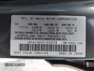 2015 Mazda 6 i Grand Touring with VIN JM1GJ1W55F1220578, listed as a IAAI auction lot 42076034 with 77,904 mi miles and . Bid and sale history available at carsss.com. Image 9.