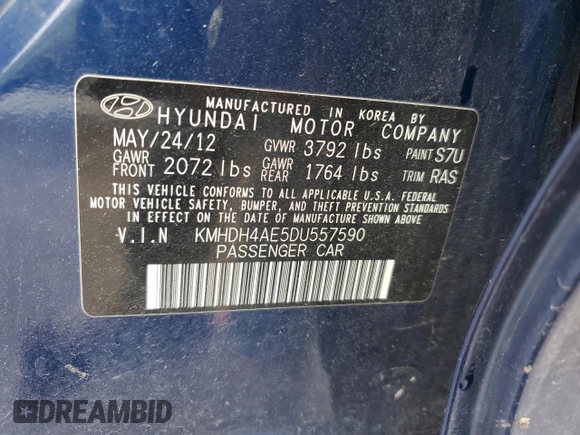 2013 Hyundai Elantra Limited with VIN KMHDH4AE5DU557590, listed as a Copart auction lot 54790675 with 156,900 mi miles and Salvage Title. Bid and sale history available at DreamBid. Image 12.