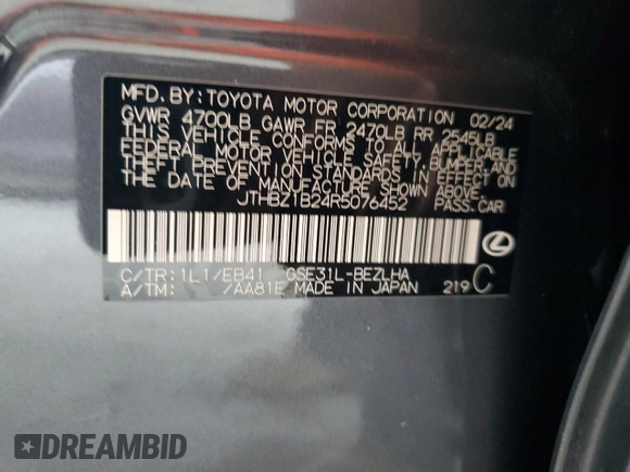 2024 Lexus IS 350 F Sport with VIN JTHBZ1B24R5076452, listed as a Copart auction lot 52170415 with 15,232 mi miles and Salvage title. Bid and sale history available at DreamBid. Image 13.