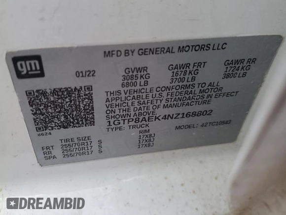 2022 GMC Sierra 1500 with VIN 1GTP8AEK4NZ168802, listed as a Copart auction lot 87547665 with Not Provided miles and Salvage Title. Bid and sale history available at DreamBid. Image 12.