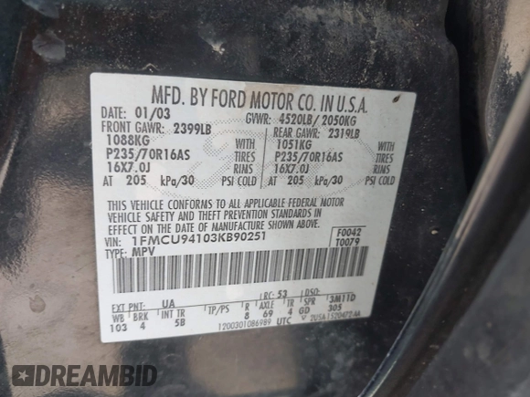 2003 Ford Escape Limited с VIN 1FMCU94103KB90251, выставлен на аукционе IAAI как лот 42034006 с пробегом 225 566 миль миль и . История ставок и продаж доступна на DreamBid. Изображение 9.
