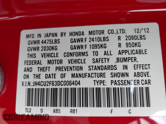 2013 Acura TSX Technology with VIN JH4CU2F63DC006404, listed as a IAAI auction lot 42369304 with 104,219 mi miles and . Bid and sale history available at DreamBid. Image 9.