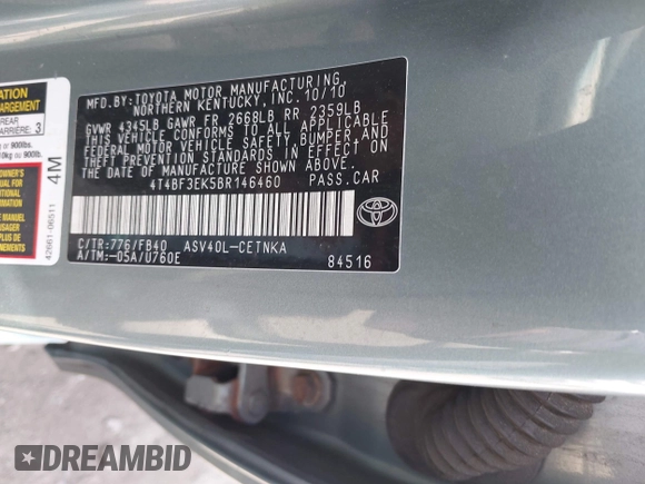 2011 Toyota Camry LE with VIN 4T4BF3EK5BR146460, listed as a IAAI auction lot 42064439 with 212,912 mi miles. Bid and sale history available at carsss.com. Image 9.