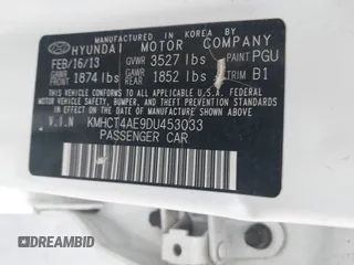 2013 Hyundai Accent GLS with VIN KMHCT4AE9DU453033, listed as a IAAI auction lot 42191037 with 163,171 mi miles and . Bid and sale history available at carsss.com. Image 9.
