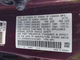 2019 Honda CR-V LX with VIN 2HKRW5H31KH415531, listed as a IAAI auction lot 41769399 with 79,584 mi miles. Bid and sale history available at carsss.com. Image 9.