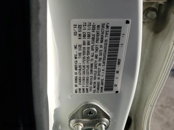 2010 Acura RDX Tech Pkg with VIN 5J8TB2H52AA003076, listed as a Copart auction lot 80296204 with 0 mi miles and Salvage Title. Bid and sale history available at carsss.com. Image 12.