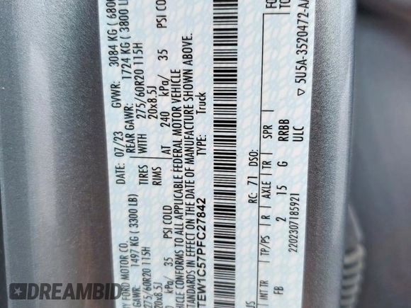 2023 Ford F-150 XL with VIN 1FTEW1C57PFC27842, listed as a Copart auction lot 59906015 with 43,495 mi miles and Salvage title. Bid and sale history available at DreamBid. Image 13.