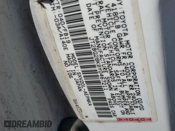 2000 Toyota Camry CE z VIN JT2BG28K8Y0467211, wystawiony jako Copart lot #55478835 z przebiegiem Nie podano mil oraz Szkoda całkowita • Salvage title. Historia ofert i sprzedaży dostępna na DreamBid. Obrazek 12.