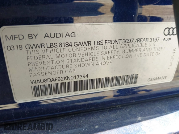 2019 Audi A8 with VIN WAU8DAF82KN017394, listed as a IAAI auction lot 42414936 with 22,482 mi miles and . Bid and sale history available at DreamBid. Image 9.