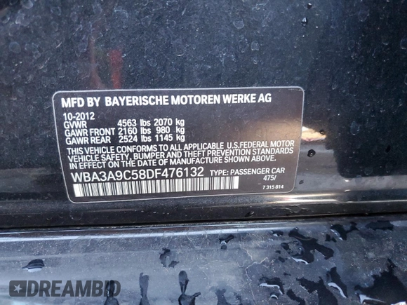2013 BMW 3 Series 335i with VIN WBA3A9C58DF476132, listed as a Copart auction lot 86704954 with 103,038 mi miles and Salvage Title. Bid and sale history available at carsss.com. Image 13.