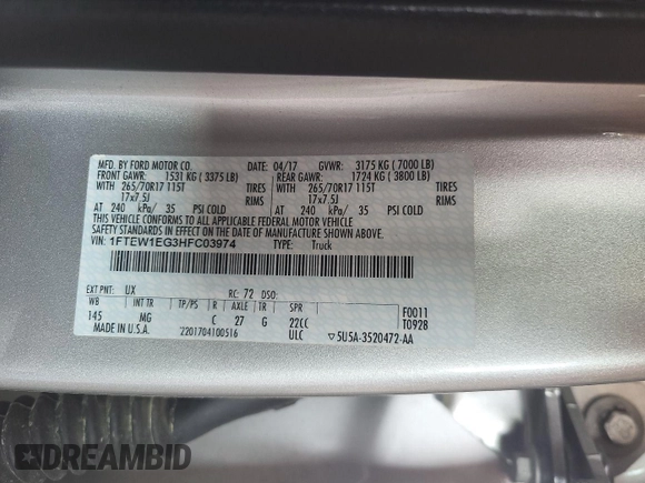 2017 Ford F-150 XL with VIN 1FTEW1EG3HFC03974, listed as a IAAI auction lot 42621237 with 85,820 mi miles and . Bid and sale history available at DreamBid. Image 15.