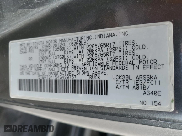 2004 Toyota Tundra SR5 with VIN 5TBRT34154S439757, listed as a Copart auction lot 50053365 with 186,029 mi miles and Salvage Title. Bid and sale history available at carsss.com. Image 14.