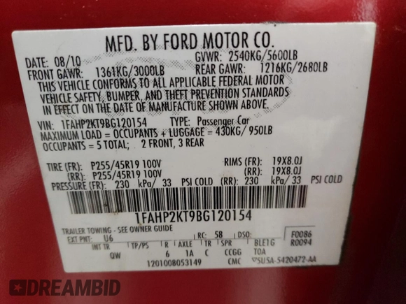 2011 Ford Taurus SHO with VIN 1FAHP2KT9BG120154, listed as a Copart auction lot 55178335 with 175,972 mi miles and Clean Title. Bid and sale history available at DreamBid. Image 12.