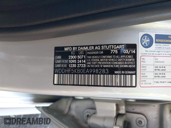 2014 Mercedes-Benz E 350 Sport with VIN WDDHF5KB0EA998283, listed as a IAAI auction lot 42743479 with 101,900 mi miles and . Bid and sale history available at DreamBid. Image 9.