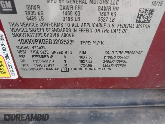 2016 GMC Acadia SLE with VIN 1GKKVPKD5GJ202523, listed as a IAAI auction lot 41341479 with 178,575 mi miles and . Bid and sale history available at DreamBid. Image 9.
