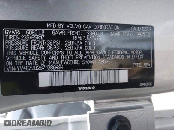 2007 Volvo XC90 I6 with VIN YV4CZ982871389484, listed as a IAAI auction lot 41305196 with 116,623 mi miles. Bid and sale history available at carsss.com. Image 9.