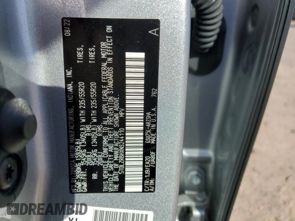 2022 Toyota Highlander XSE with VIN 5TDLZRBHXNS244110, listed as a Copart auction lot 57018755 with 55,633 mi miles and Salvage title. Bid and sale history available at DreamBid. Image 13.