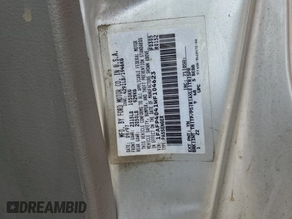 1998 Ford Mustang with VIN 1FAFP4041WF104623, listed as a Copart auction lot 50089825 with 189,313 mi miles and Salvage title. Bid and sale history available at DreamBid. Image 12.