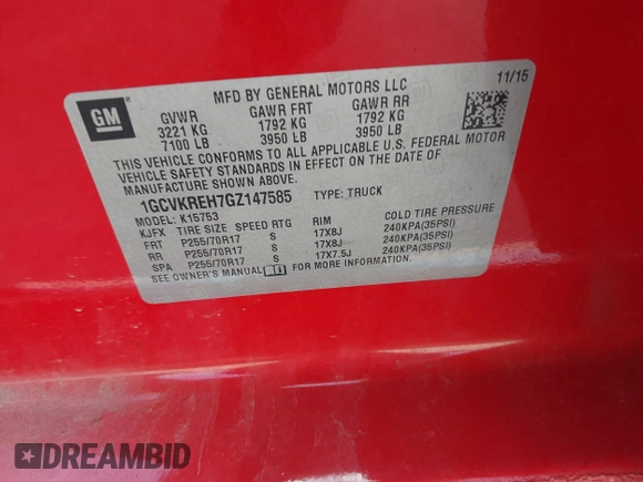 2016 Chevrolet Silverado 1500 LT with VIN 1GCVKREH7GZ147585, listed as a IAAI auction lot 42106662 with Not Provided miles and . Bid and sale history available at DreamBid. Image 9.