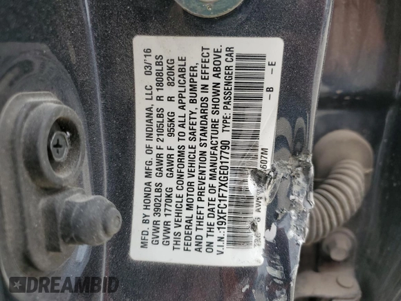 2016 Honda Civic EX-L z VIN 19XFC1F7XGE017790, wystawiony jako Copart lot #53608425 z przebiegiem 119 715 mil mil oraz Szkoda całkowita • Salvage title. Historia ofert i sprzedaży dostępna na DreamBid. Obrazek 14.