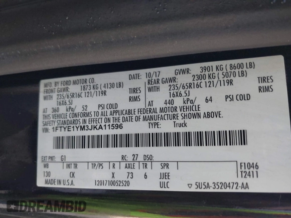 2018 Ford Transit with VIN 1FTYE1YM3JKA11596, listed as a IAAI auction lot 41918112 with 192,779 mi miles. Bid and sale history available at carsss.com. Image 9.
