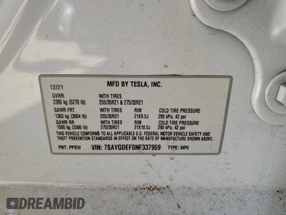 2022 Tesla Model Y Performance z VIN 7SAYGDEF0NF337959, wystawiony jako Copart lot #56871985 z przebiegiem 54 527 mil mil oraz Szkoda całkowita • Salvage title. Historia ofert i sprzedaży dostępna na DreamBid. Obrazek 12.
