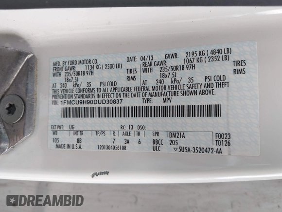 2013 Ford Escape SEL with VIN 1FMCU9H90DUD30837, listed as a IAAI auction lot 41922615 with 171,535 mi miles. Bid and sale history available at carsss.com. Image 9.
