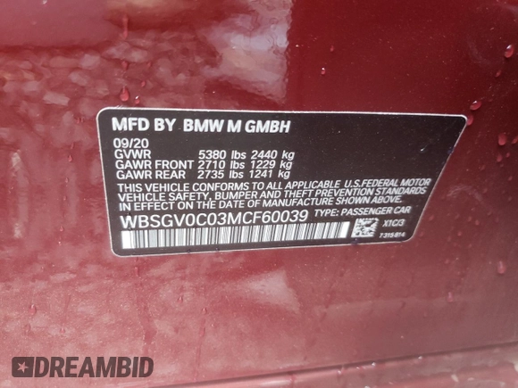 2021 BMW M8 z VIN WBSGV0C03MCF60039, wystawiony jako Copart lot #39737763 z przebiegiem Nie podano mil oraz . Historia ofert i sprzedaży dostępna na DreamBid. Obrazek 13.