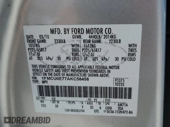 2010 Ford Escape Limited with VIN 1FMCU0E77AKC58458, listed as a Copart auction lot 64207645 with 160,650 mi miles and Salvage title. Bid and sale history available at DreamBid. Image 13.