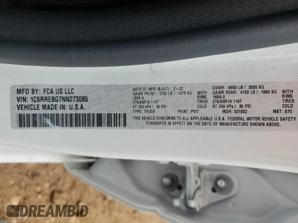 2022 Ram 1500 Big Horn z VIN 1C6RREBG7NN273085, wystawiony jako Copart lot #45925725 z przebiegiem 55 135 mil mil oraz Czysty tytuł • Clean title. Historia ofert i sprzedaży dostępna na DreamBid. Obrazek 12.