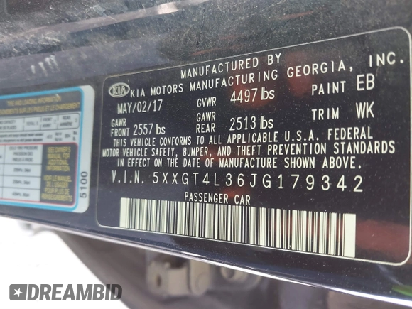 2018 Kia Optima LX with VIN 5XXGT4L36JG179342, listed as a IAAI auction lot 41794368 with 120,649 mi miles. Bid and sale history available at carsss.com. Image 9.