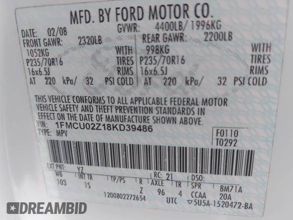 2008 Ford Escape XLS с VIN 1FMCU02Z18KD39486, выставлен на аукционе IAAI как лот 42311893 с пробегом 145 210 миль миль и . История ставок и продаж доступна на DreamBid. Изображение 9.