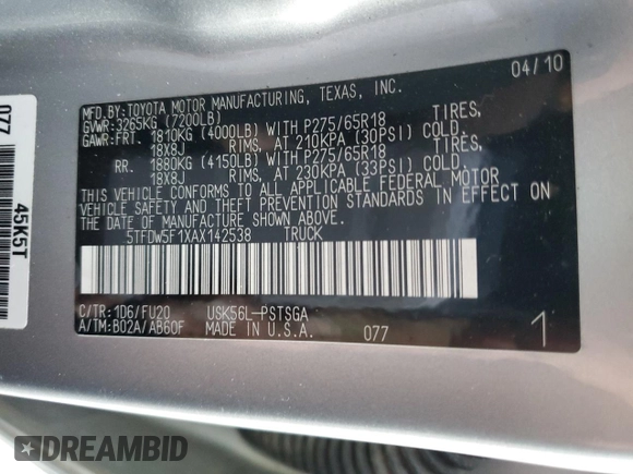2010 Toyota Tundra z VIN 5TFDW5F1XAX142538, wystawiony jako Copart lot #83667104 z przebiegiem 192 446 mil mil oraz Szkoda całkowita • Salvage title. Historia ofert i sprzedaży dostępna na DreamBid. Obrazek 12.
