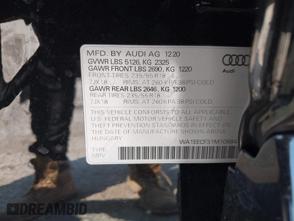 2021 Audi Q3 S line Premium Plus with VIN WA1EECF31M1068473, listed as a IAAI auction lot 42431540 with 42,312 mi miles and . Bid and sale history available at DreamBid. Image 9.