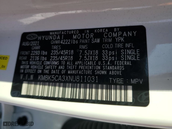 2022 Hyundai Kona Limited with VIN KM8K5CA3XNU811031, listed as a Copart auction lot 41421935 with 0 mi miles and Salvage Title. Bid and sale history available at carsss.com. Image 14.