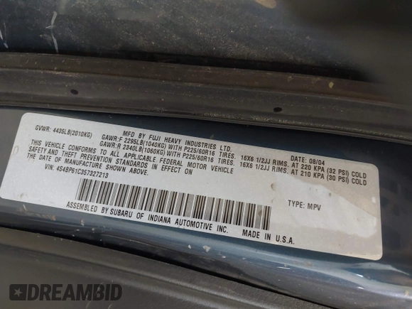 2005 Subaru Legacy Outback with VIN 4S4BP61C357327213, listed as a IAAI auction lot 42558683 with 163,106 mi miles and . Bid and sale history available at DreamBid. Image 9.