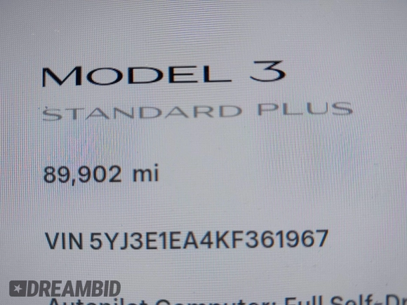 2019 Tesla Model 3 Mid Range z VIN 5YJ3E1EA4KF361967, wystawiony jako IAAI lot #42261724 z przebiegiem 89 902 mil mil oraz . Historia ofert i sprzedaży dostępna na DreamBid. Obrazek 15.
