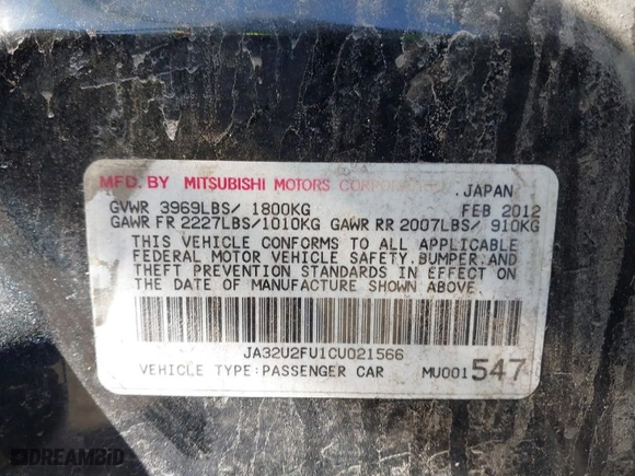 2012 Mitsubishi Lancer ES with VIN JA32U2FU1CU021566, listed as a IAAI auction lot 41795918 with 177312 miles. Bid and sale history available at carsss.com. Image 9.