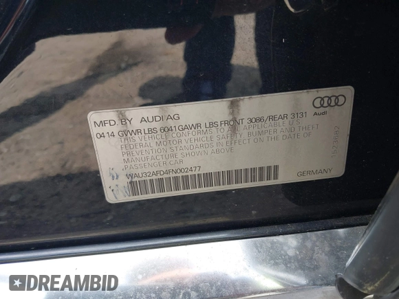 2015 Audi A8 4.0T with VIN WAU32AFD4FN002477, listed as a IAAI auction lot 42157514 with 151,729 mi miles and . Bid and sale history available at DreamBid. Image 9.