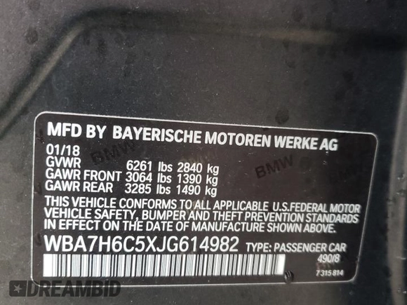 2018 BMW 7 Series M760i xDrive with VIN WBA7H6C5XJG614982, listed as a Copart auction lot 67186313 with 0 mi miles. Bid and sale history available at carsss.com. Image 14.