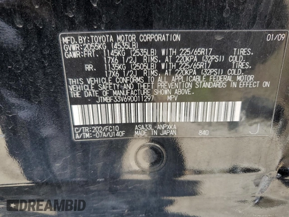 2009 Toyota RAV4 with VIN JTMBF33V69D011297, listed as a Copart auction lot 53891415 with 122,068 mi miles and Salvage Title. Bid and sale history available at carsss.com. Image 13.