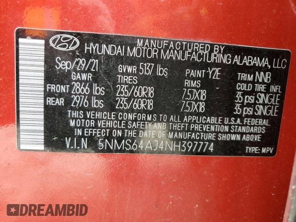 2022 Hyundai Santa Fe XRT z VIN 5NMS64AJ4NH397774, wystawiony jako Copart lot #58482555 z przebiegiem 41 327 mil mil oraz Szkoda całkowita • Salvage title. Historia ofert i sprzedaży dostępna na DreamBid. Obrazek 13.